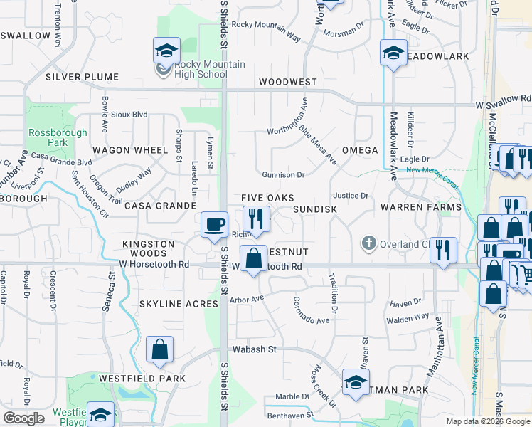 map of restaurants, bars, coffee shops, grocery stores, and more near 3425 Windmill Drive in Fort Collins