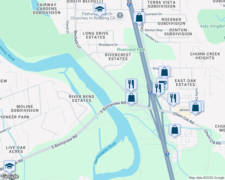 map of restaurants, bars, coffee shops, grocery stores, and more near 4700 Bechelli Ln in Redding