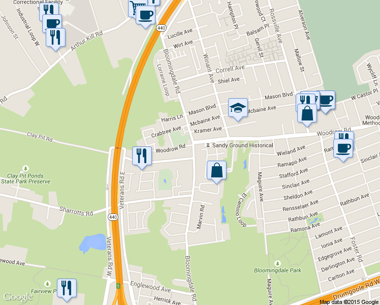 map of restaurants, bars, coffee shops, grocery stores, and more near 27 Clay Pit Road in Staten Island