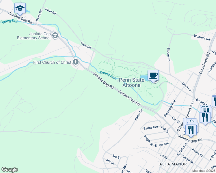 map of restaurants, bars, coffee shops, grocery stores, and more near Juniata Gap Road in Altoona