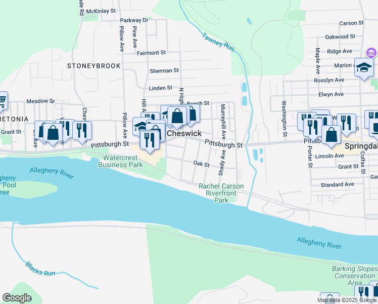 map of restaurants, bars, coffee shops, grocery stores, and more near 112 Allegheny Avenue in Cheswick
