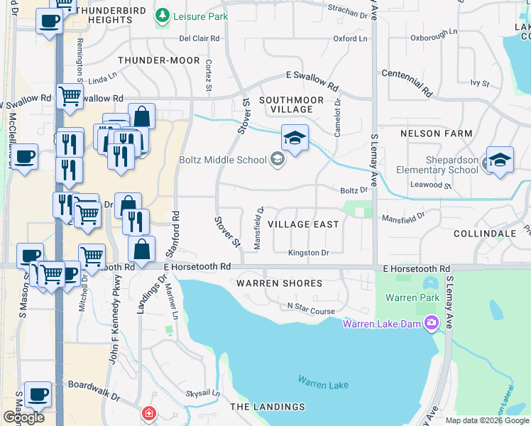 map of restaurants, bars, coffee shops, grocery stores, and more near 685 Mansfield Drive in Fort Collins