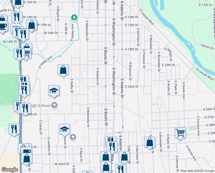 map of restaurants, bars, coffee shops, grocery stores, and more near 2227 South Boots Street in Marion