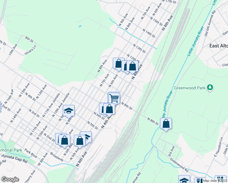 map of restaurants, bars, coffee shops, grocery stores, and more near 817 North 5th Avenue in Altoona