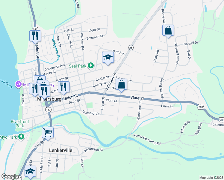 map of restaurants, bars, coffee shops, grocery stores, and more near 758 Union Street in Millersburg