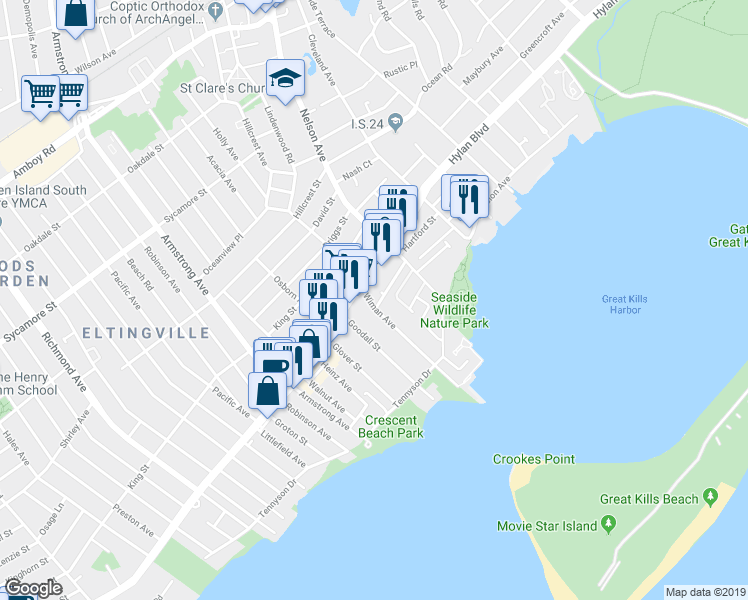 map of restaurants, bars, coffee shops, grocery stores, and more near 153 Wiman Avenue in Staten Island