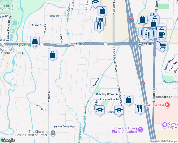 map of restaurants, bars, coffee shops, grocery stores, and more near 11634 Nate Lane in Draper