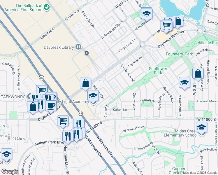 map of restaurants, bars, coffee shops, grocery stores, and more near 11598 Grandville Avenue in South Jordan
