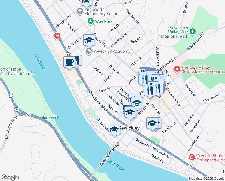map of restaurants, bars, coffee shops, grocery stores, and more near 217 Frederick Avenue in Sewickley