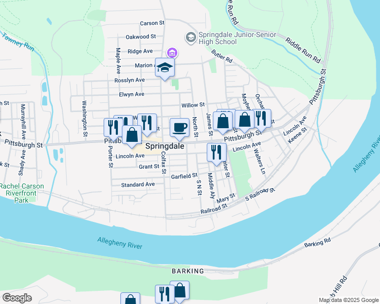 map of restaurants, bars, coffee shops, grocery stores, and more near 254 Oak Street in Springdale