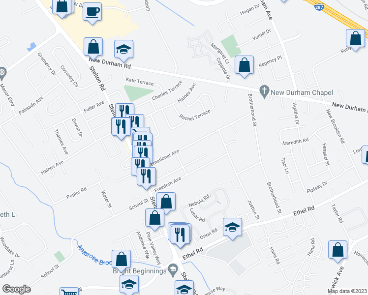 map of restaurants, bars, coffee shops, grocery stores, and more near 61 International Avenue in Piscataway Township