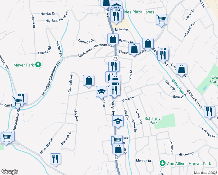 map of restaurants, bars, coffee shops, grocery stores, and more near 104 Lindley Lane in Pittsburgh