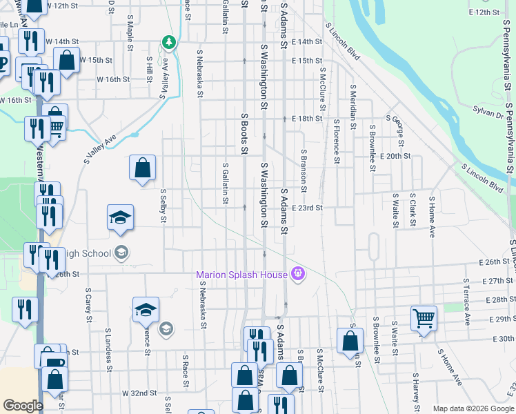 map of restaurants, bars, coffee shops, grocery stores, and more near 2227 South Boots Street in Marion