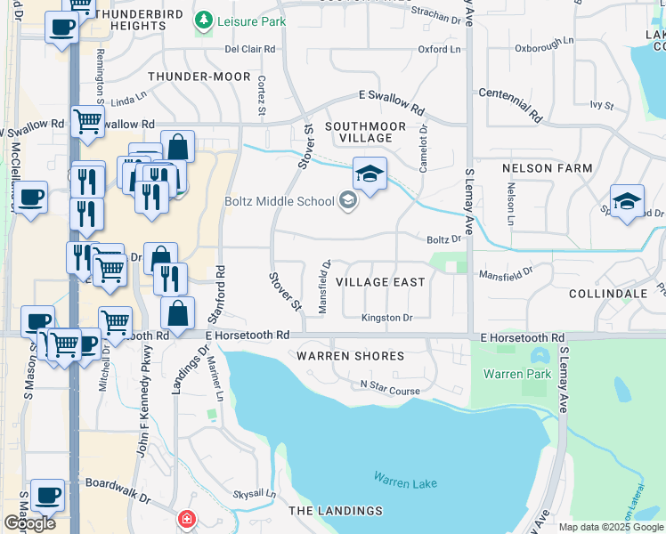 map of restaurants, bars, coffee shops, grocery stores, and more near 685 Mansfield Drive in Fort Collins