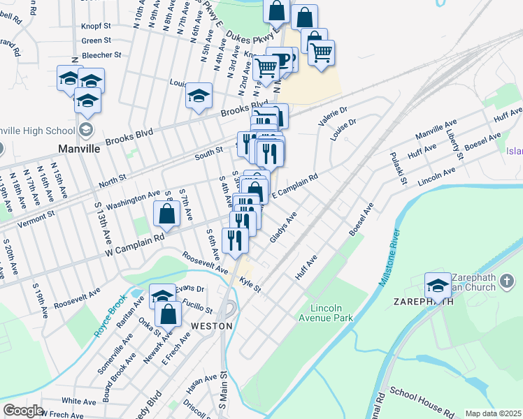 map of restaurants, bars, coffee shops, grocery stores, and more near 215 South Main Street in Manville