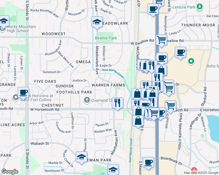 map of restaurants, bars, coffee shops, grocery stores, and more near 3421 Bale Drive in Fort Collins