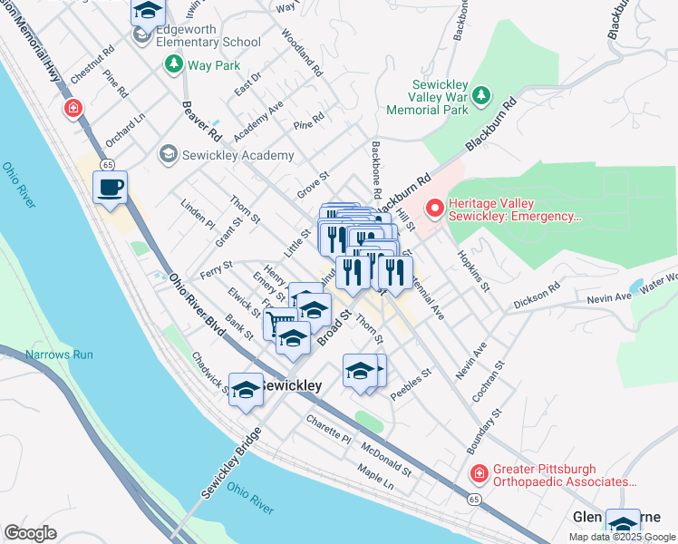 map of restaurants, bars, coffee shops, grocery stores, and more near 417 Walnut Street in Sewickley