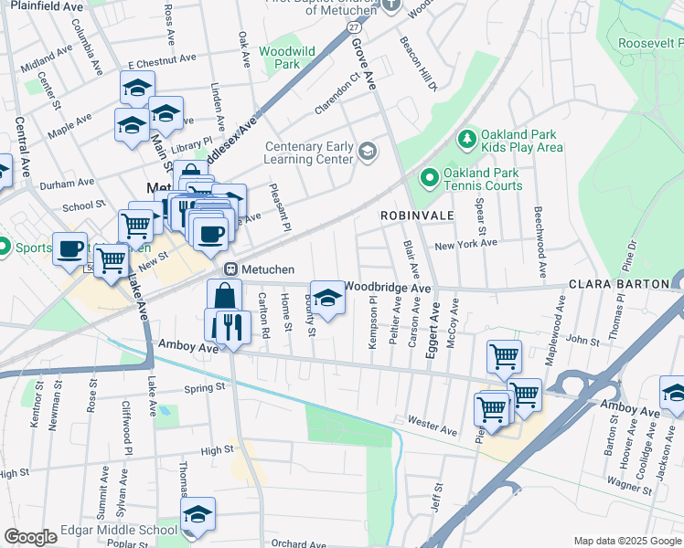 map of restaurants, bars, coffee shops, grocery stores, and more near 12 Homer Place in Metuchen