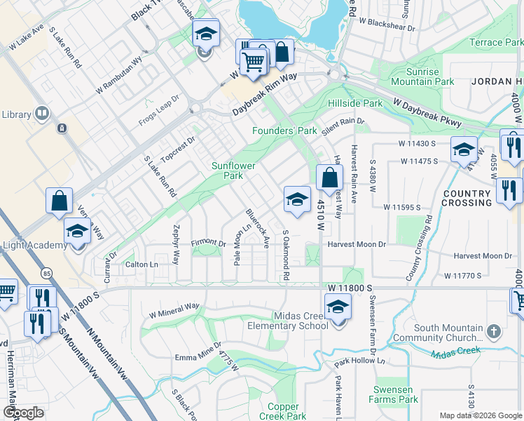 map of restaurants, bars, coffee shops, grocery stores, and more near 4654 Pale Moon Ln in South Jordan
