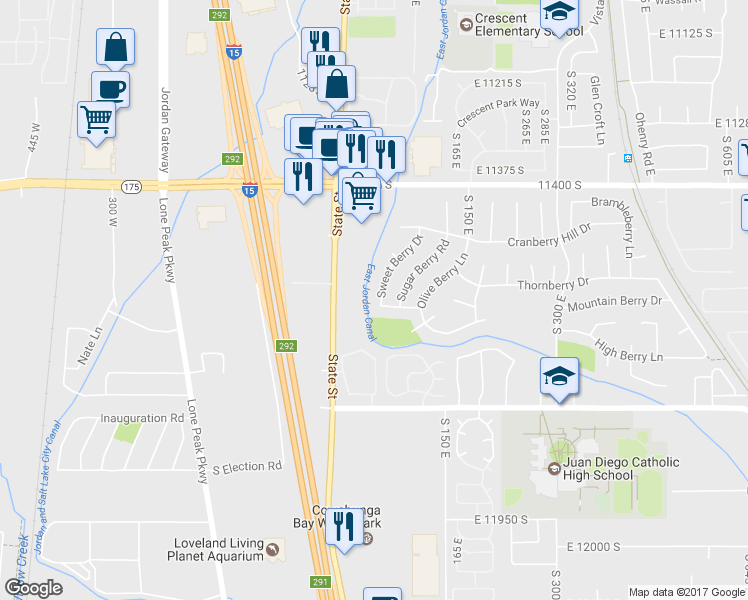 map of restaurants, bars, coffee shops, grocery stores, and more near 11606 Sweet Berry Drive in Draper
