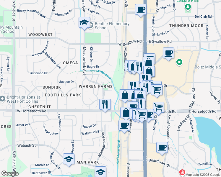 map of restaurants, bars, coffee shops, grocery stores, and more near 326 Riva Ridge Lane in Fort Collins