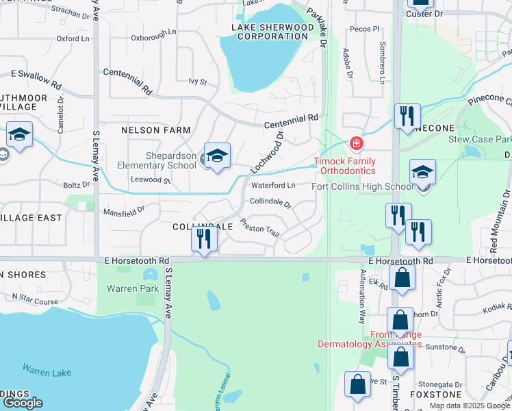 map of restaurants, bars, coffee shops, grocery stores, and more near 1613 Collindale Drive in Fort Collins