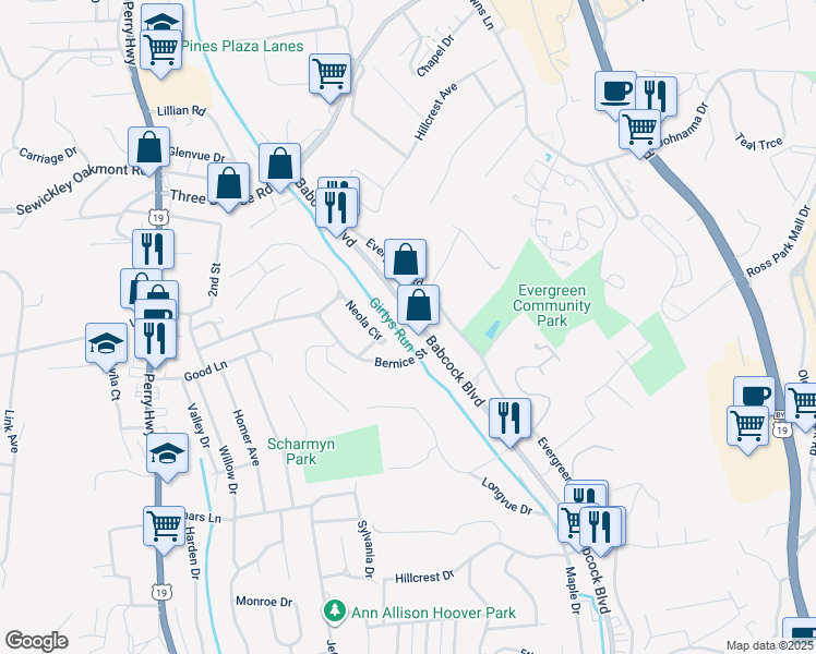map of restaurants, bars, coffee shops, grocery stores, and more near 3447 Babcock Boulevard in Pittsburgh