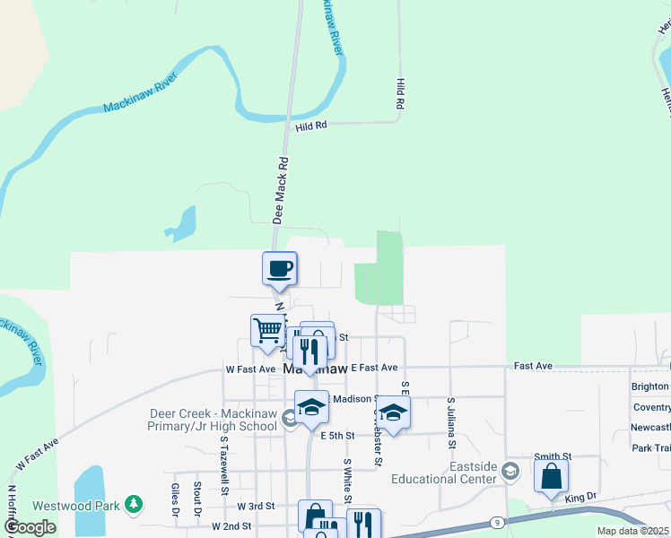 map of restaurants, bars, coffee shops, grocery stores, and more near 106 Tulip Drive in Mackinaw