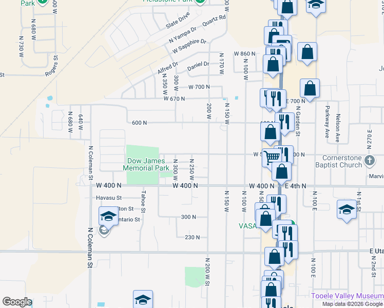 map of restaurants, bars, coffee shops, grocery stores, and more near 832 North 250 West in Tooele