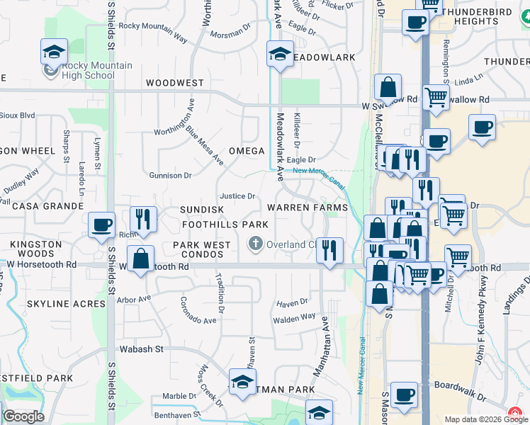 map of restaurants, bars, coffee shops, grocery stores, and more near 618 Justice Drive in Fort Collins