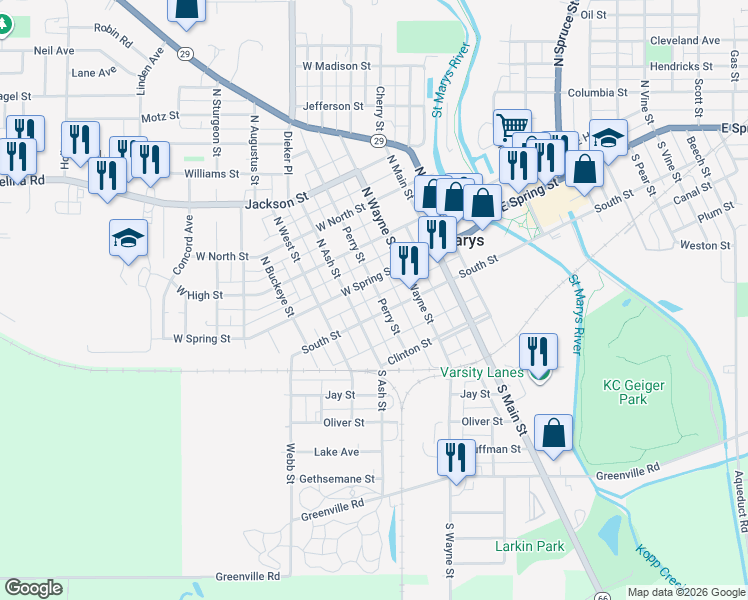 map of restaurants, bars, coffee shops, grocery stores, and more near 121 South Perry Street in Saint Marys