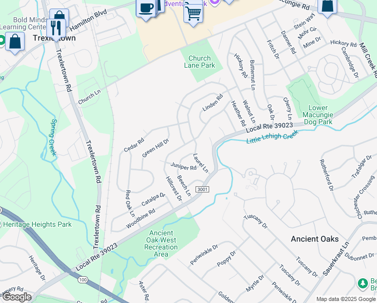 map of restaurants, bars, coffee shops, grocery stores, and more near 1611 Laurel Lane in Macungie