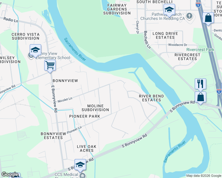 map of restaurants, bars, coffee shops, grocery stores, and more near 5375 Rosswood Street in Redding