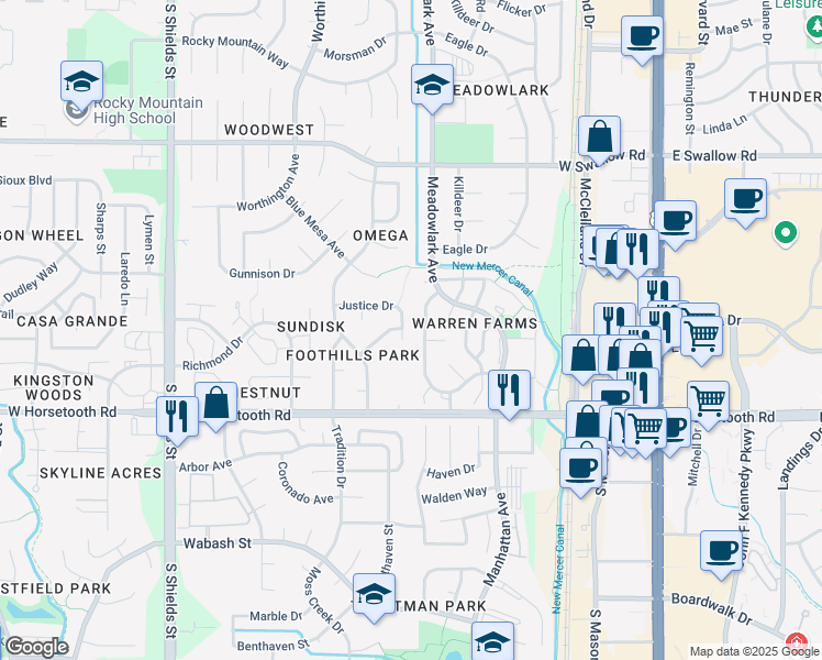 map of restaurants, bars, coffee shops, grocery stores, and more near 618 Justice Drive in Fort Collins