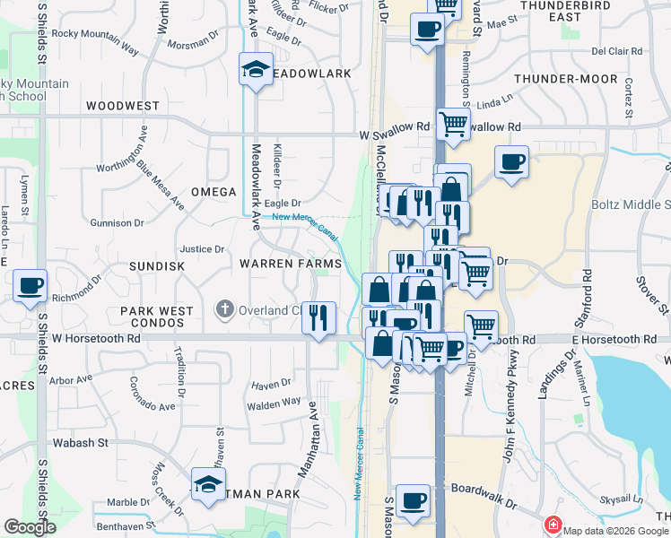 map of restaurants, bars, coffee shops, grocery stores, and more near 326 Riva Ridge Lane in Fort Collins