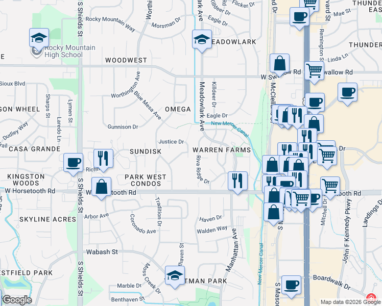 map of restaurants, bars, coffee shops, grocery stores, and more near 612 Justice Drive in Fort Collins