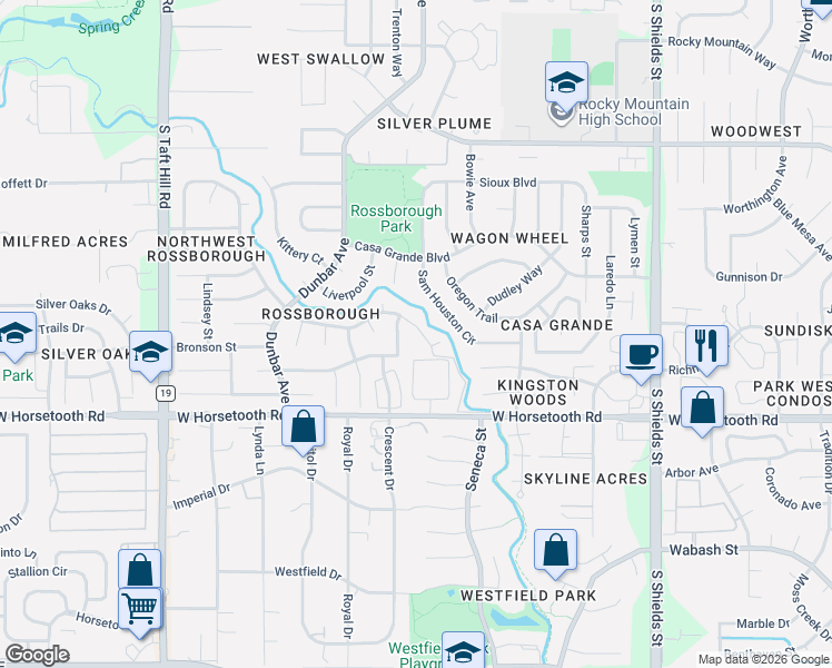map of restaurants, bars, coffee shops, grocery stores, and more near 1530 Birmingham Drive in Fort Collins