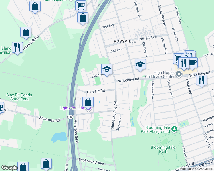 map of restaurants, bars, coffee shops, grocery stores, and more near 27 Clay Pit Road in Staten Island