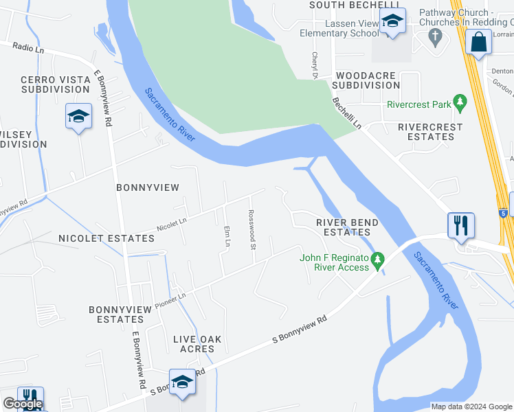 map of restaurants, bars, coffee shops, grocery stores, and more near 5365 Rosswood Street in Redding
