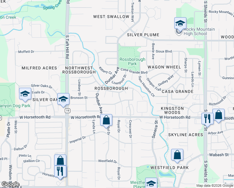 map of restaurants, bars, coffee shops, grocery stores, and more near 3407 Westminster Street in Fort Collins