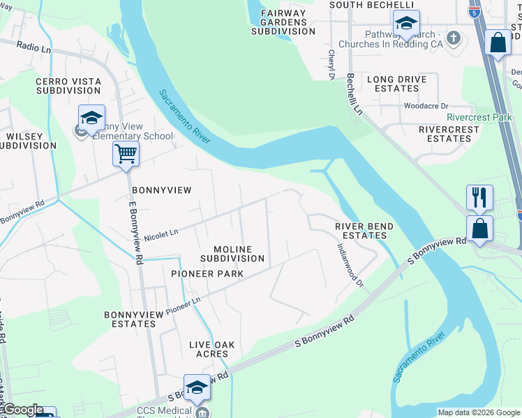 map of restaurants, bars, coffee shops, grocery stores, and more near 3475 Nicolet Lane in Redding