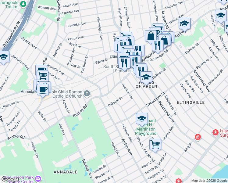 map of restaurants, bars, coffee shops, grocery stores, and more near 1-5 Ross Lane in Staten Island