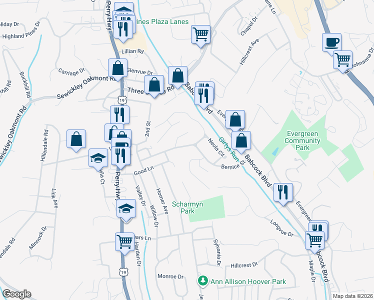 map of restaurants, bars, coffee shops, grocery stores, and more near 310 Bernice Street in Pittsburgh