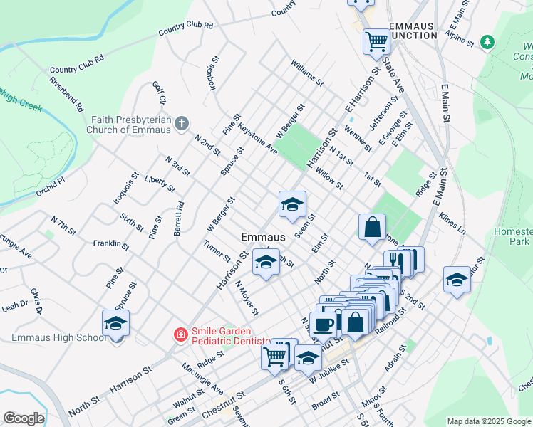 map of restaurants, bars, coffee shops, grocery stores, and more near 229 Harrison Street in Emmaus