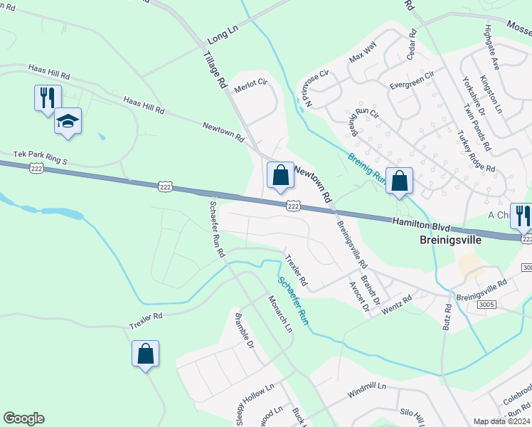 map of restaurants, bars, coffee shops, grocery stores, and more near 941 Spring White Drive in Breinigsville