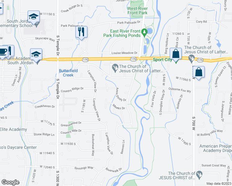 map of restaurants, bars, coffee shops, grocery stores, and more near 11602 Anna Emily Drive in South Jordan