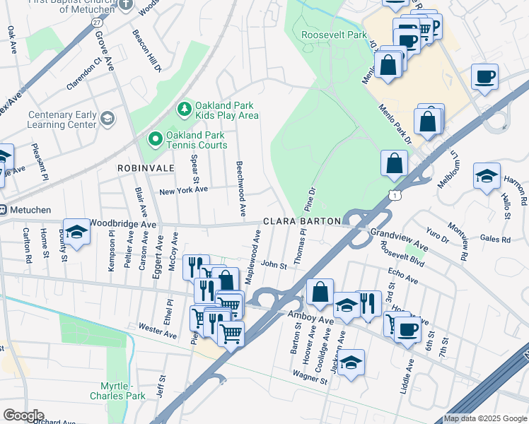 map of restaurants, bars, coffee shops, grocery stores, and more near 7 Timothy Court in Edison