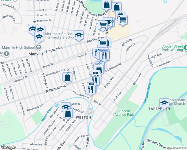 map of restaurants, bars, coffee shops, grocery stores, and more near 306 West Camplain Road in Manville