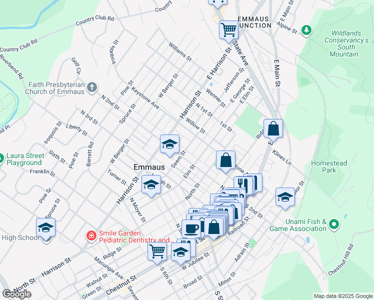 map of restaurants, bars, coffee shops, grocery stores, and more near 184 Seem Street in Emmaus