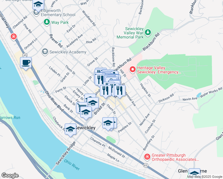 map of restaurants, bars, coffee shops, grocery stores, and more near 426 Beaver Street in Sewickley
